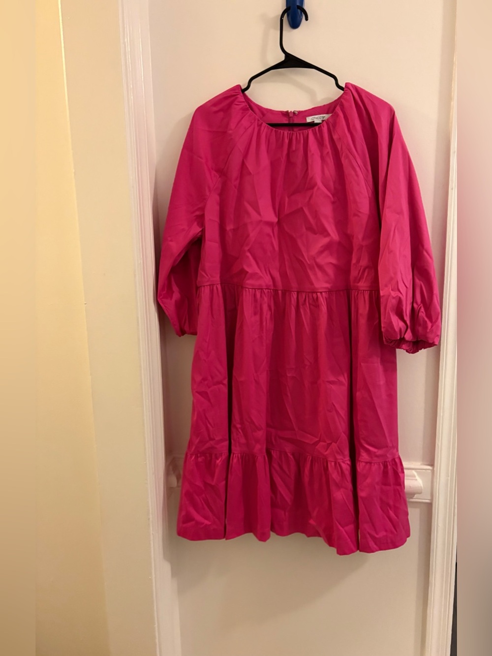 Chico's Bright Pink Puff-Sleeve Tiered Mini Dress
